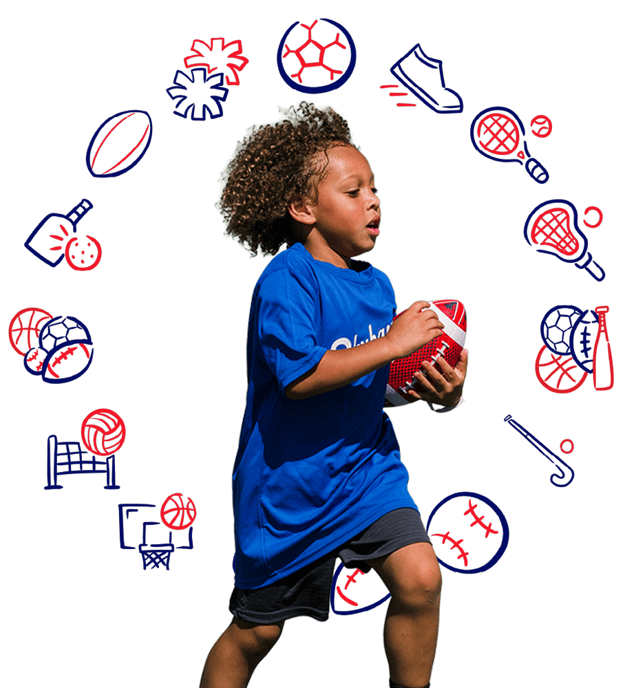 Little Skyhawks Boy Running With Football Icons In Background Version