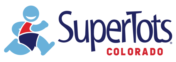 The logo of SuperTots Sports Colorado features a stylized blue figure in motion, with the text "SuperTots Sports Colorado" in bold blue and vibrant red, capturing the dynamic energy that aligns with its partnership with Skyhawks. - Skyhawks-Supertots Colorado