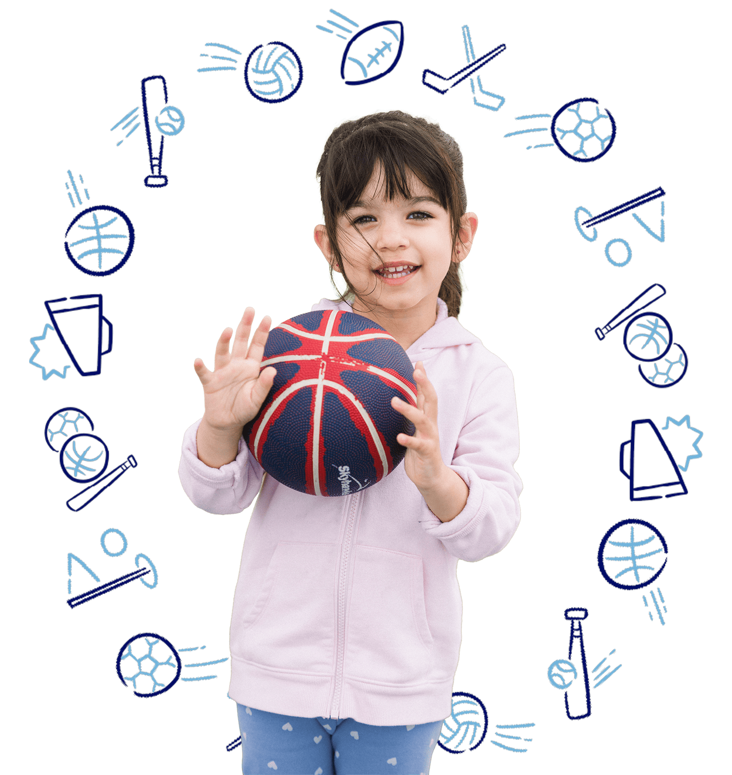 A young girl in a pink hoodie proudly holds a basketball with a British flag design, surrounded by sports equipment illustrations. Perfectly capturing the spirit of SuperTots Sports, this lively scene might just make you think of the vibrant programs running through Colorado's very own Skyhawks. - Skyhawks-Supertots Colorado