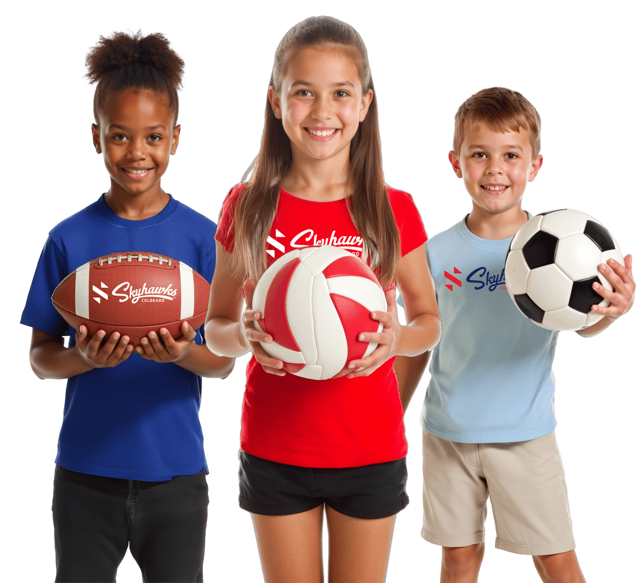 Three kids smiling and holding sports balls: a football, a volleyball, and a soccer ball. They are wearing T-shirts with a sports logo. - Skyhawks-Supertots Colorado
