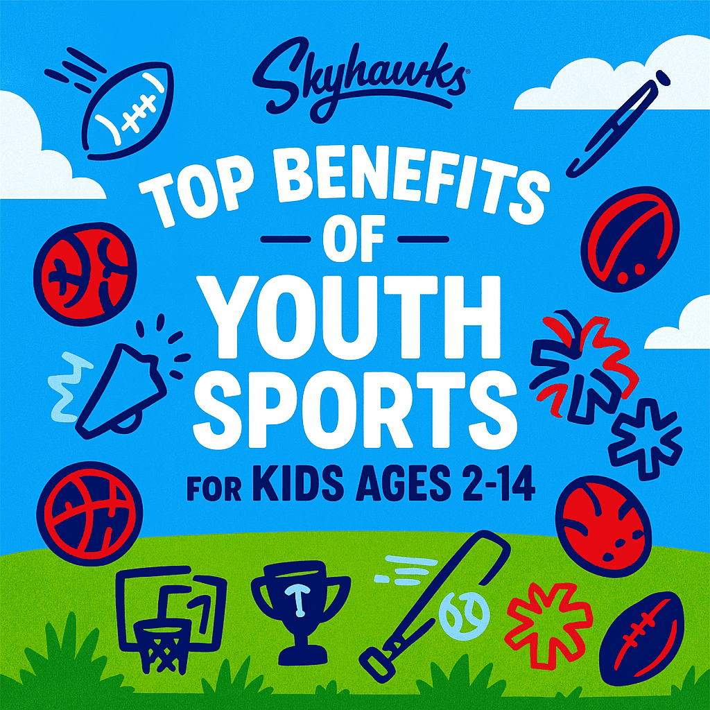 Illustrated poster titled "Top Benefits of Youth Sports for Kids Ages 2-14" featuring vibrant sports icons like basketballs, footballs, and a trophy set against a backdrop of blue sky and green grass. - Skyhawks-Supertots Colorado