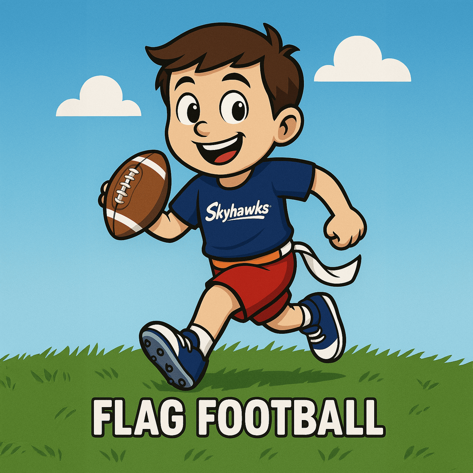 A cartoon boy, part of Skyhawks Sports, excitedly plays flag football. Clad in a vibrant "Skyhawks" shirt, he races across the grassy field under a bright blue sky dotted with fluffy clouds, clutching the football as if it's his most prized possession. - Skyhawks-Supertots Colorado