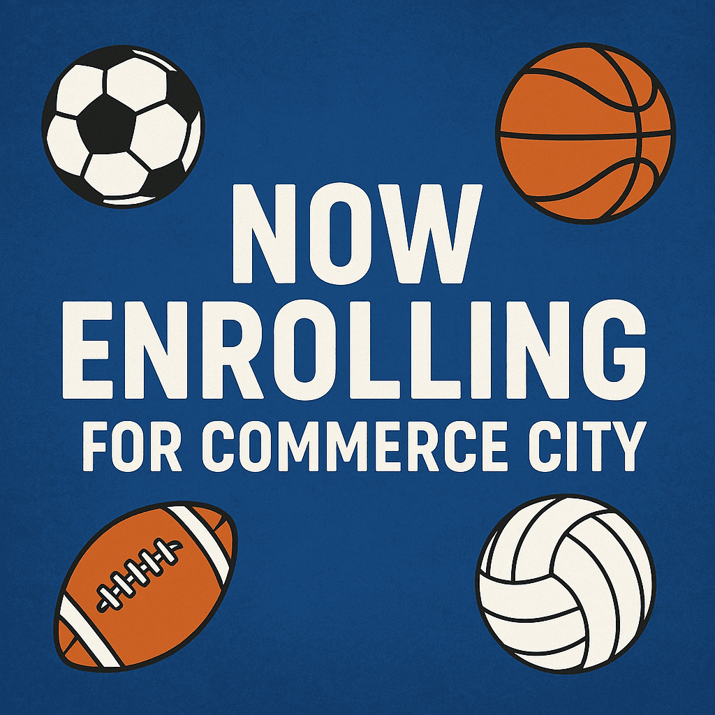 Text reads "Now Enrolling for Commerce City" on a blue background, proudly showcasing Skyhawks Youth Sports. Surrounding the announcement are vibrant images of a soccer ball, basketball, football, and volleyball. - Skyhawks-Supertots Colorado