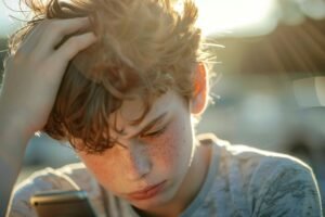 A young boy with tousled hair looks down at a smartphone, holding his head with one hand, appearing focused or concerned—highlighting the importance of concussion awareness in youth sports, with sunlight shining behind him. - Skyhawks-Supertots Colorado