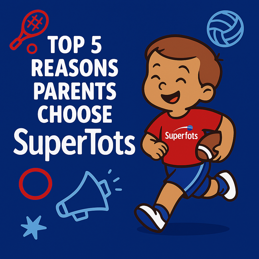 A cartoon child in a SuperTots shirt runs with a ball. Text reads: "Top 5 Reasons Colorado Parents Choose SuperTots." Sports icons and a megaphone decorate the blue background. - Skyhawks-Supertots Colorado