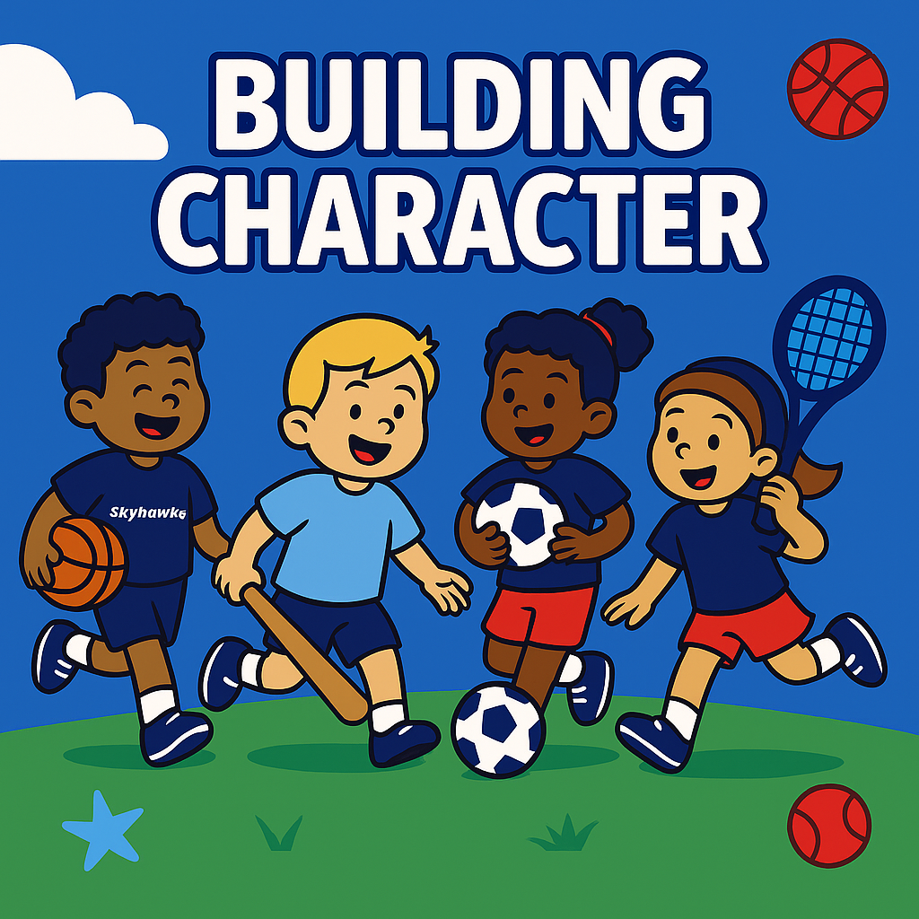 Four children playing sports on a field—including basketball, baseball, soccer, and tennis—under the text "Building Character" on a blue background. - Skyhawks-Supertots Colorado