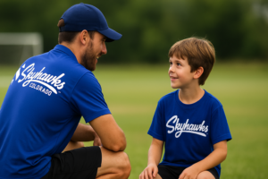 An adult Skyhawks coach and a child wearing matching blue Skyhawks Colorado shirts talk together on a grassy sports field. - Skyhawks-Supertots Colorado