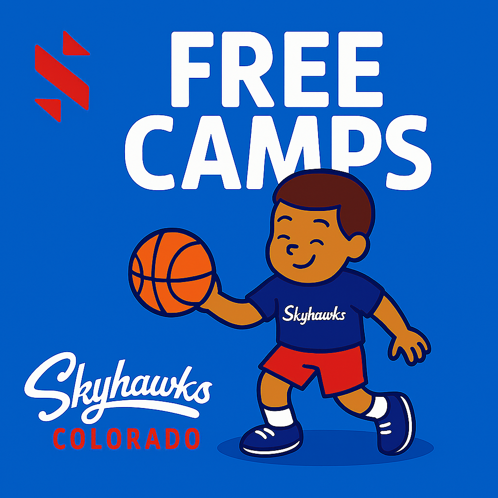 Illustration of a child dribbling a basketball in a "Skyhawks" shirt, with text reading "FREE CAMPS Skyhawks Colorado & SuperTots Camps" on a blue background. - Skyhawks-Supertots Colorado