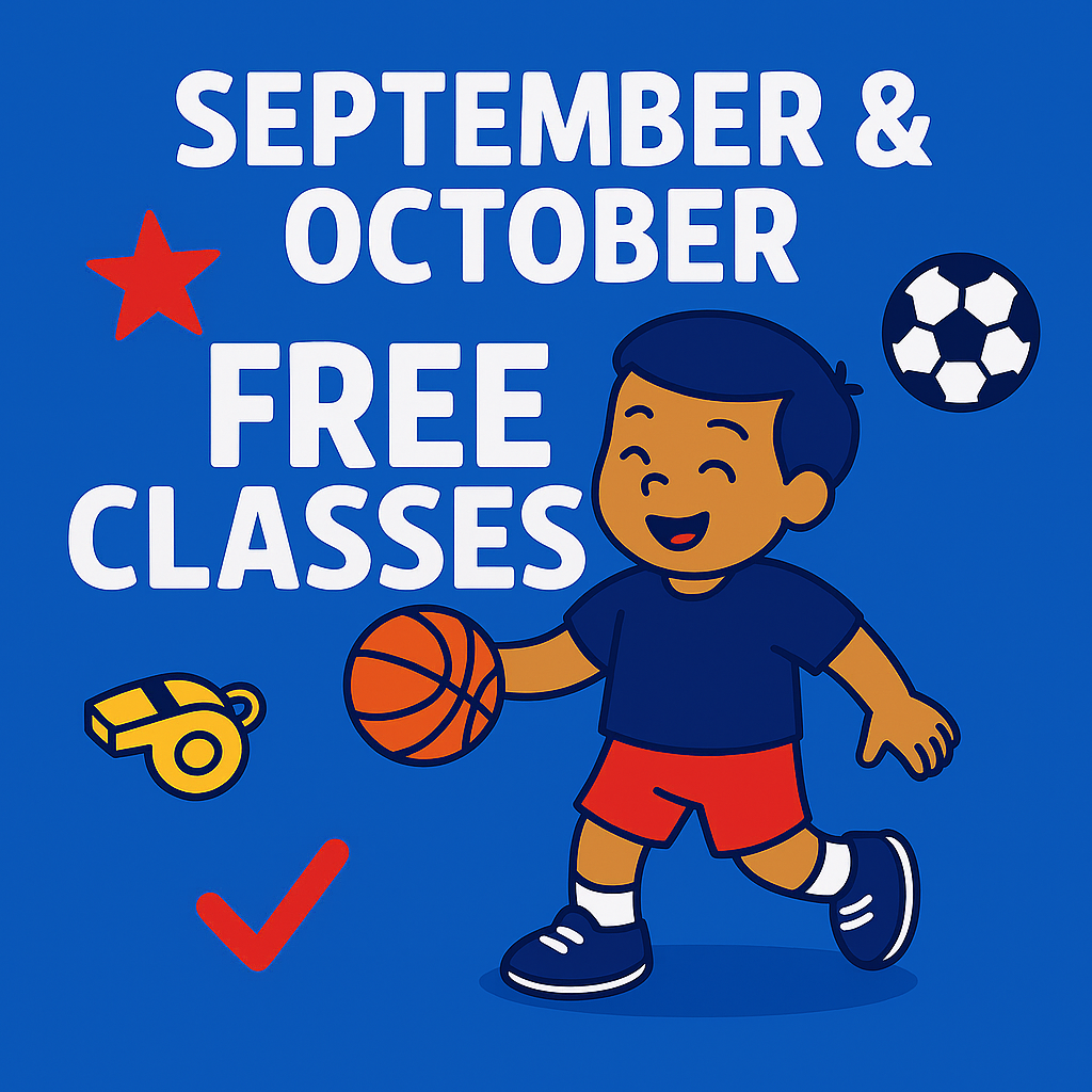 Illustration of a smiling child holding a basketball, with a whistle, soccer ball, red star, and check mark. Text reads: "September & October Free SuperTots Sports Classes for Ages 2–4. Powered by Skyhawks. - Skyhawks-Supertots Colorado