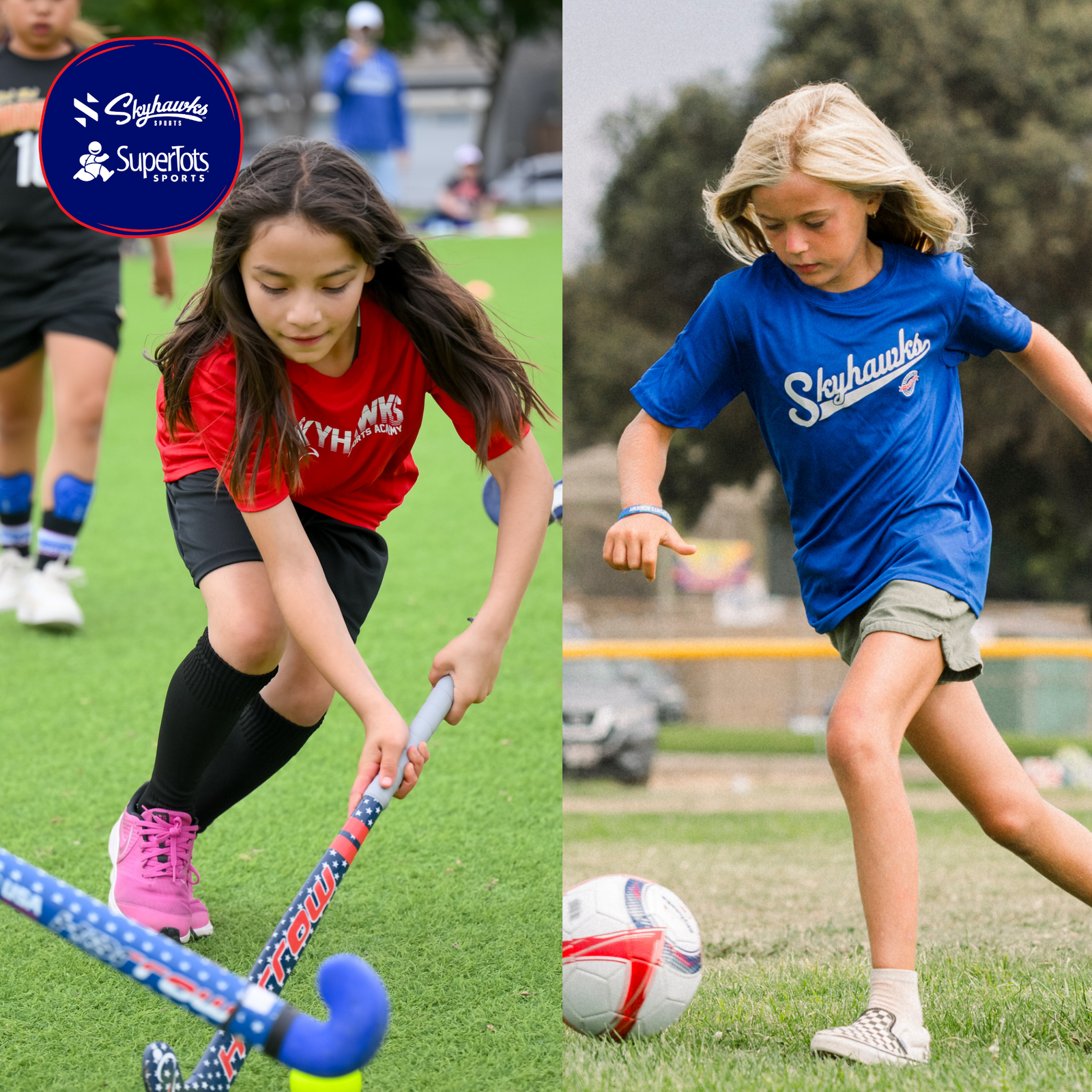 Two kids play sports outdoors; one swings a field hockey stick on turf, while the other dribbles a soccer ball on grass. Both wear Skyhawks branded shirts, building athletic development through multi-sport participation. - Skyhawks-Supertots Colorado