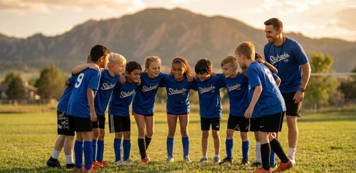 A youth soccer team in blue uniforms huddles together with their coach on a grassy field, with mountains visible in the background. - Skyhawks-Supertots Colorado