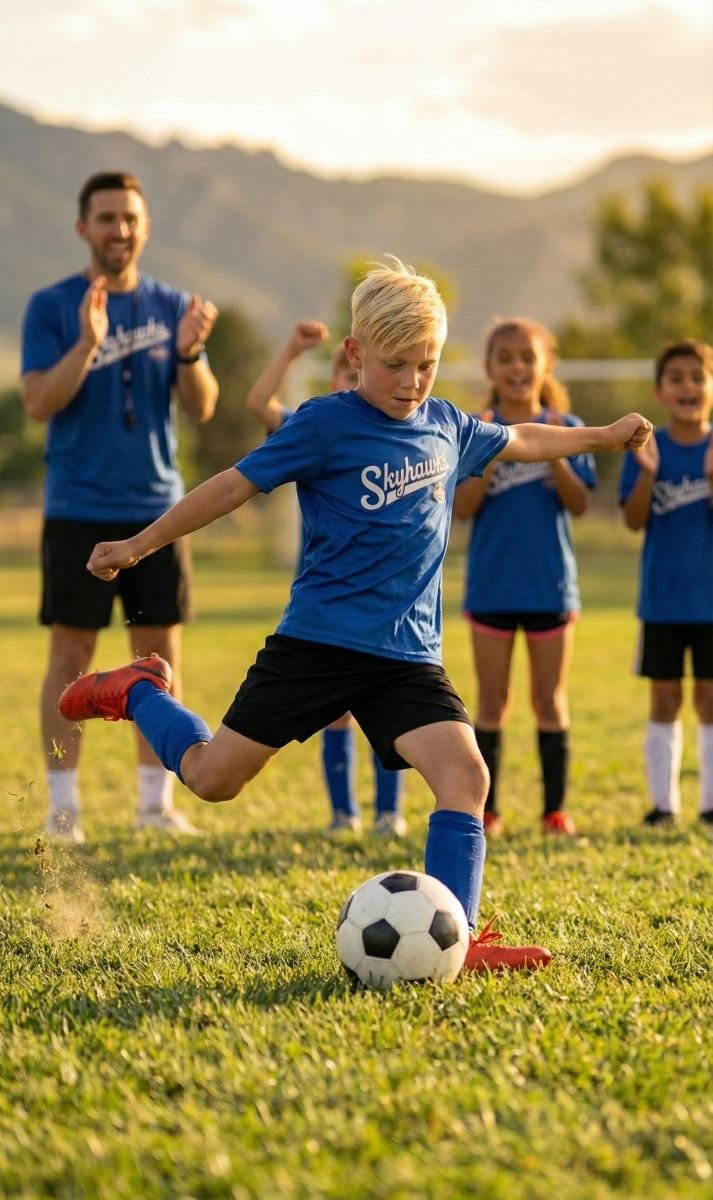 A boy kicks a soccer ball on a grassy field while teammates and a coach in blue shirts watch and clap in the background. - Skyhawks-Supertots Colorado